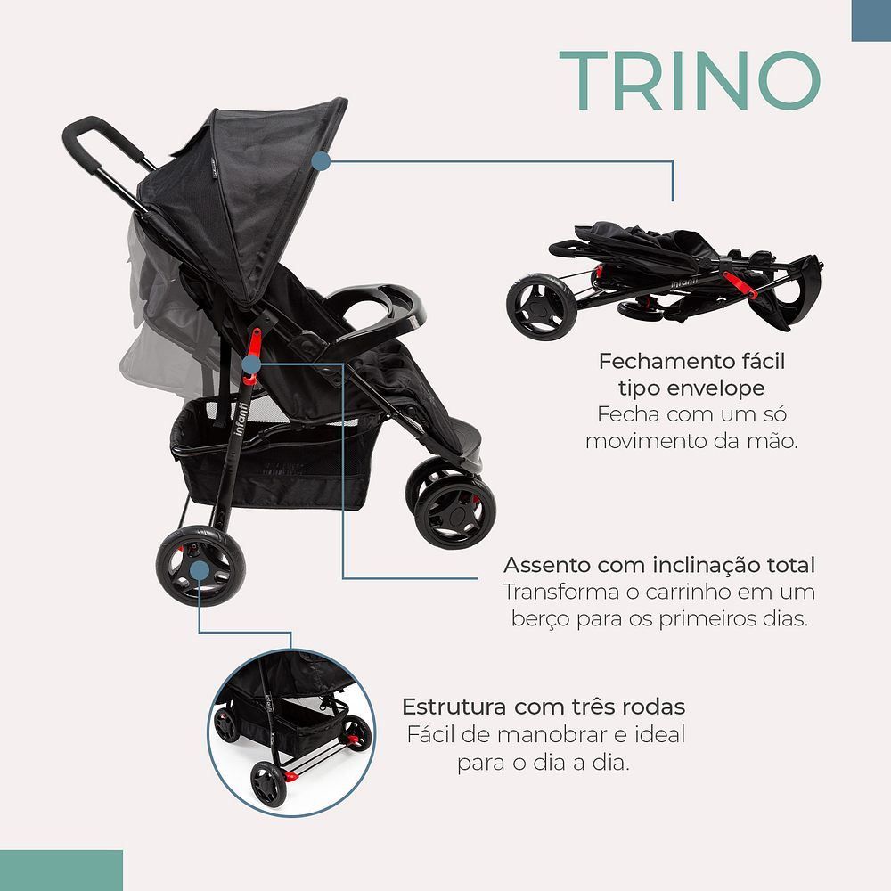 Carrinho de Bebê 3 Rodas Trino Infanti - Preto