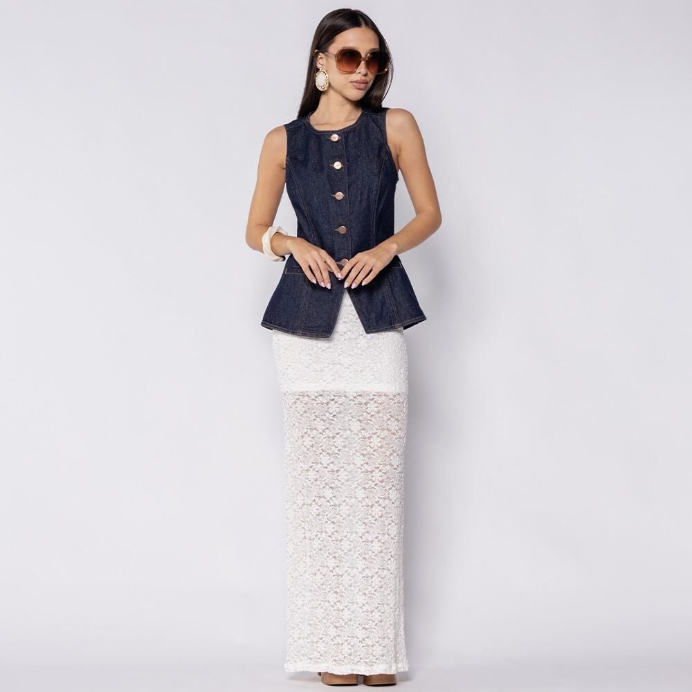 Colete Feminino Jeans Alongado Patricia Foster