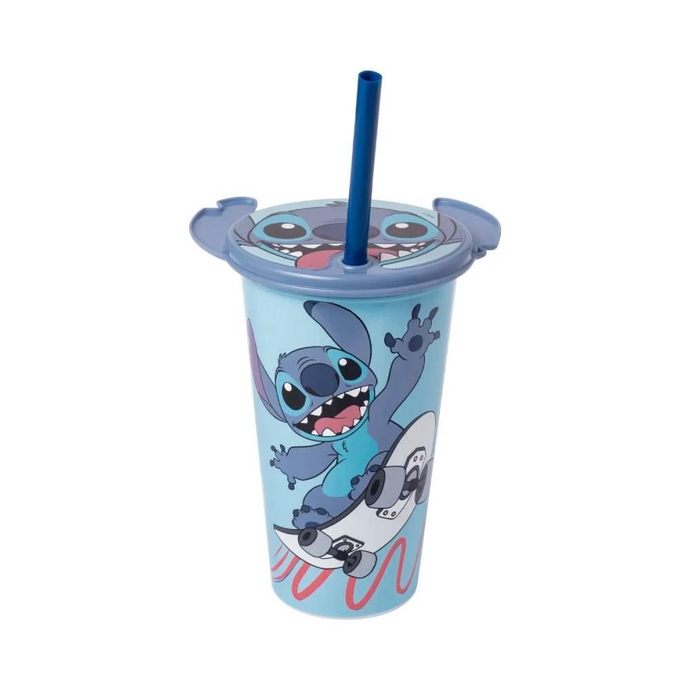 Copo com Canudo e Tampa de Orelhas Stitch Plásutil - 500Ml
