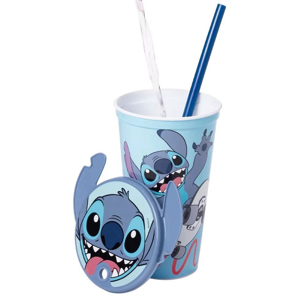 Copo com Canudo e Tampa de Orelhas Stitch Plásutil - 500Ml