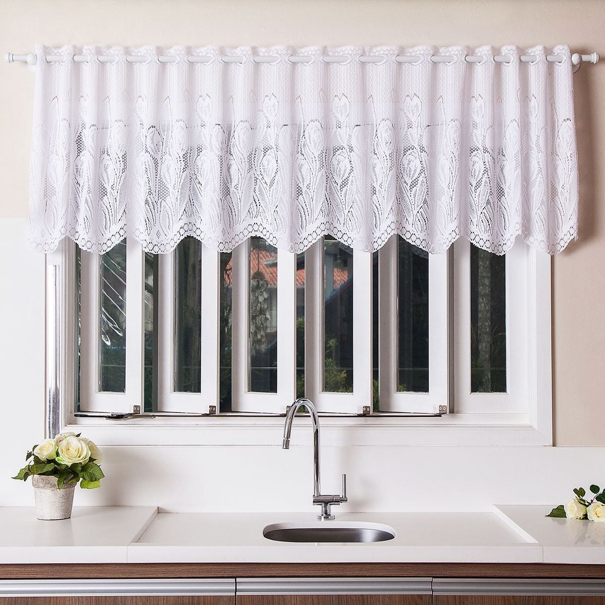 Cortina Em Renda 2,00X60cm Para Cozinha - Tulipinhas Branca