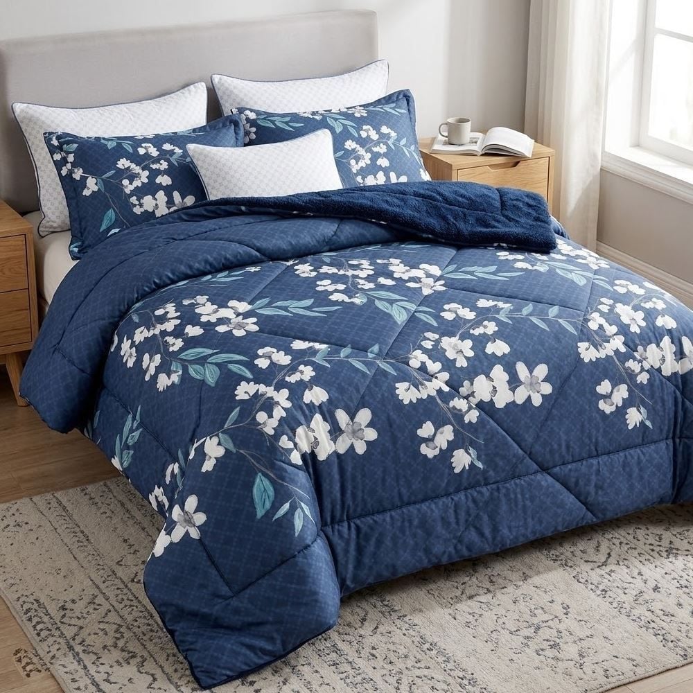 Edredom Queen Dupla Face Plush Versátile Havan Casa - Malu Floral Azul