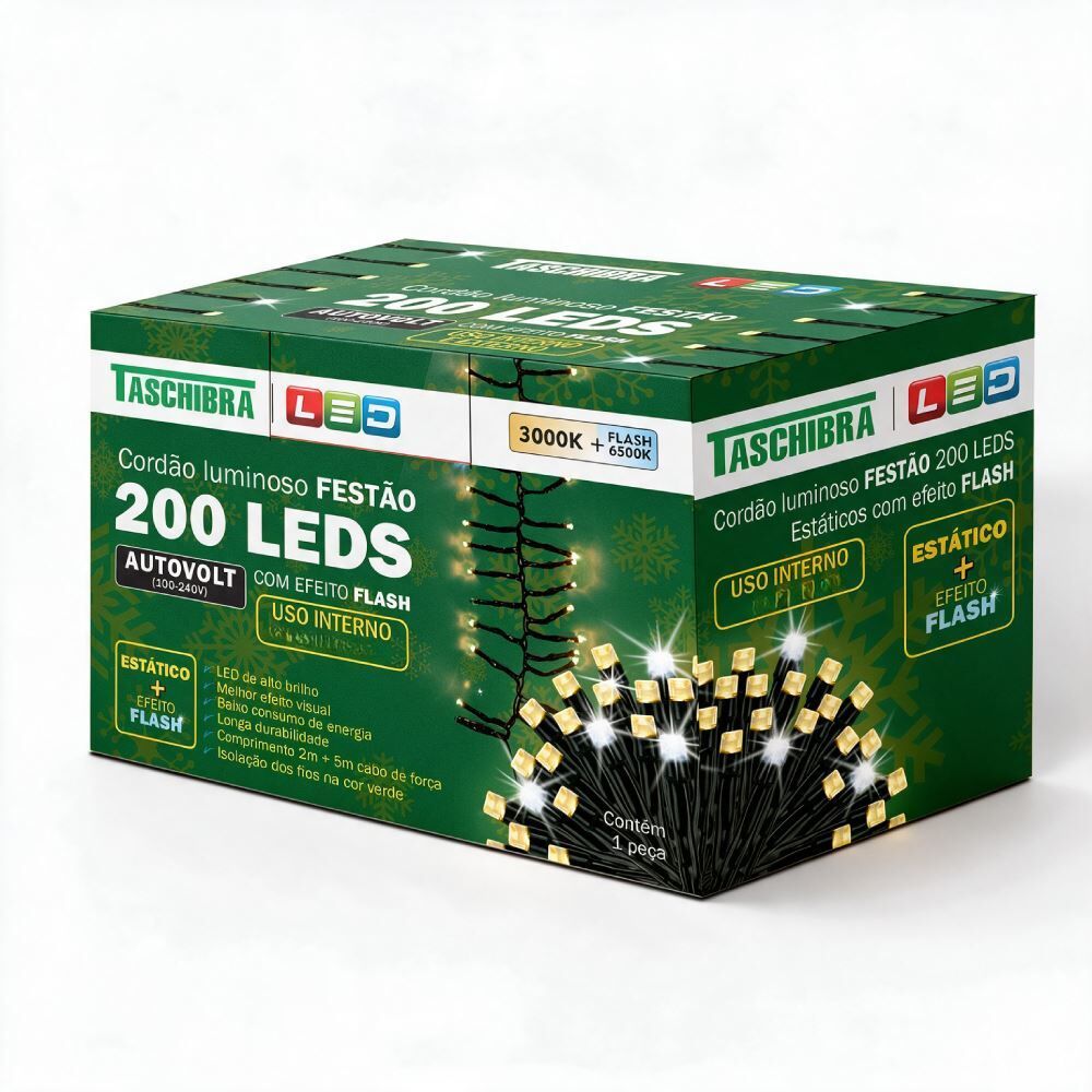 Festão Luminoso 2M 200 Leds Estático e Flash Taschibra - Bivolt