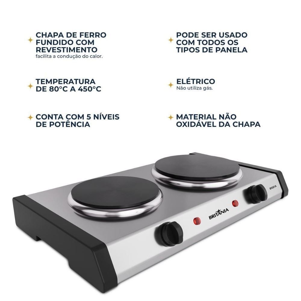 Fogão Elétrico Britânia 2 Bocas Aço Inox BFG01A