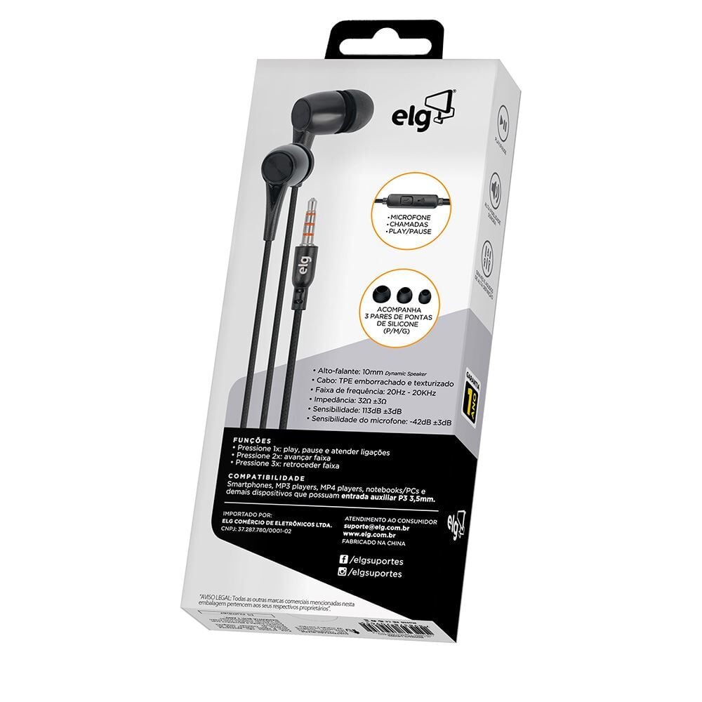 Fone de Ouvido Intra-Auricular Cabo 1,2 Metro Elg Encaixe Confortável - Preto