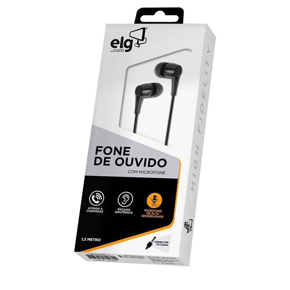 Fone de Ouvido Intra-Auricular Cabo 1,2 Metro Elg Encaixe Confortável - Preto