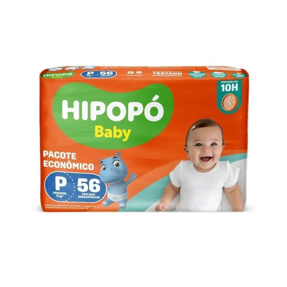 Fraldas Descartáveis Pacote Econômico P Hipopó Baby - 56 unidades