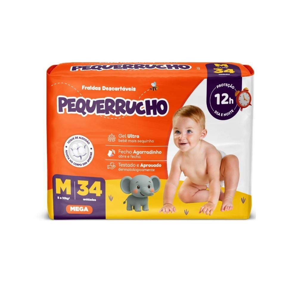 Fraldas Descartavéis Pequerrucho Baby Mega m - 34 Unidades