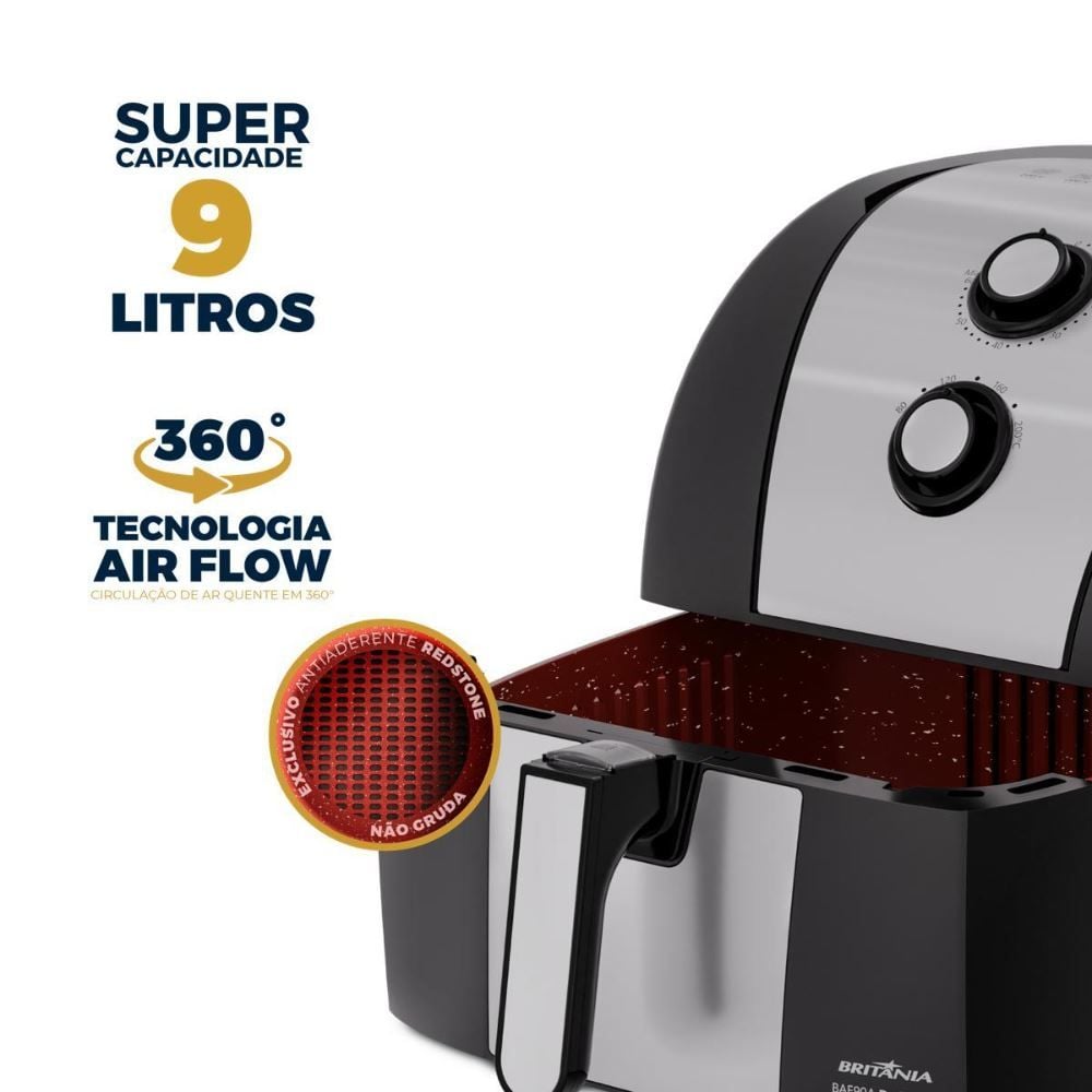 Fritadeira Air Fryer Britânia 9 Litros 2000W Antiaderente Redstone BAF90A