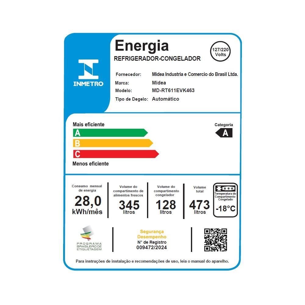 Refrigerador Geladeira Midea Frost Free Duplex 473 Litros Inverter Inox - Bivolt