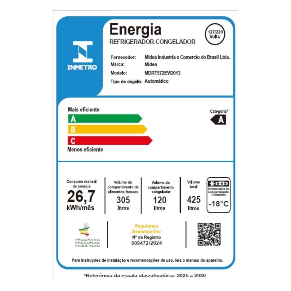Refrigerador Geladeira Midea Frost Free Duplex Inverter 425 Litros Branca - Bivolt