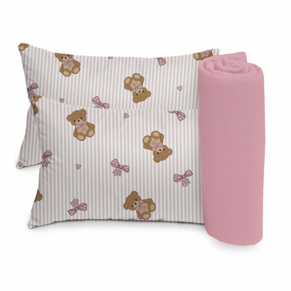 Jogo de Cama Bebê 100% Algodão Havan Baby 3 Peças - URSO ROSA
