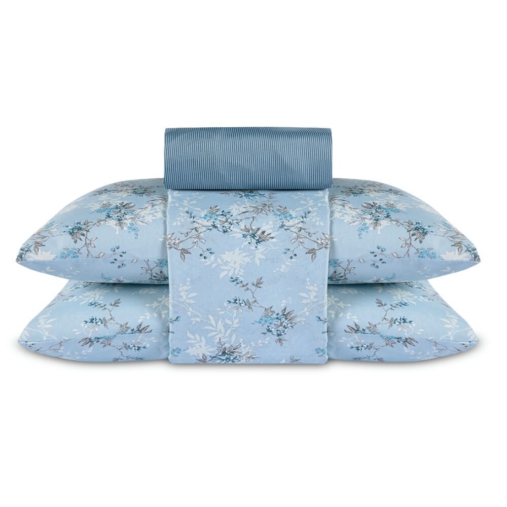 Jogo de Cama Casal Napoli Havan Casa 4 pçs - Rosely Flowers Azul