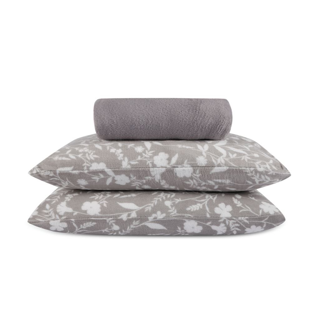 Jogo de Cama Plush Provence Queen 3 pçs - Yasmin Floral Cinza