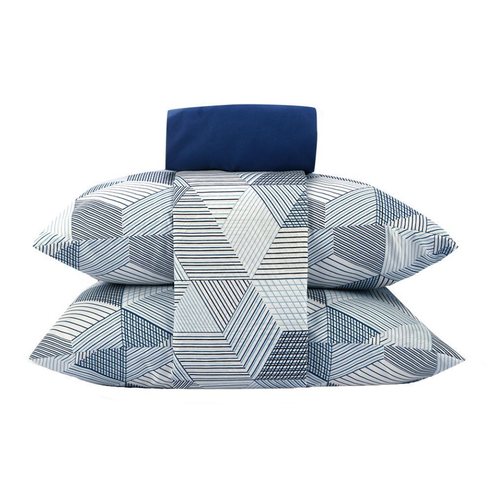 Jogo de Cama Queen Microfibra Napoli Havan Casa 4 pçs - Cubos Geométricos Azul
