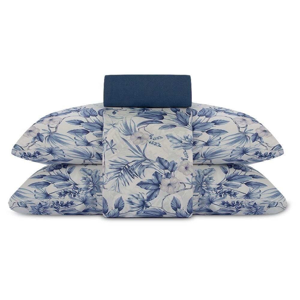 Jogo de Cama Queen Elegance Havan Casa 4 pçs - Organic Flores Azul