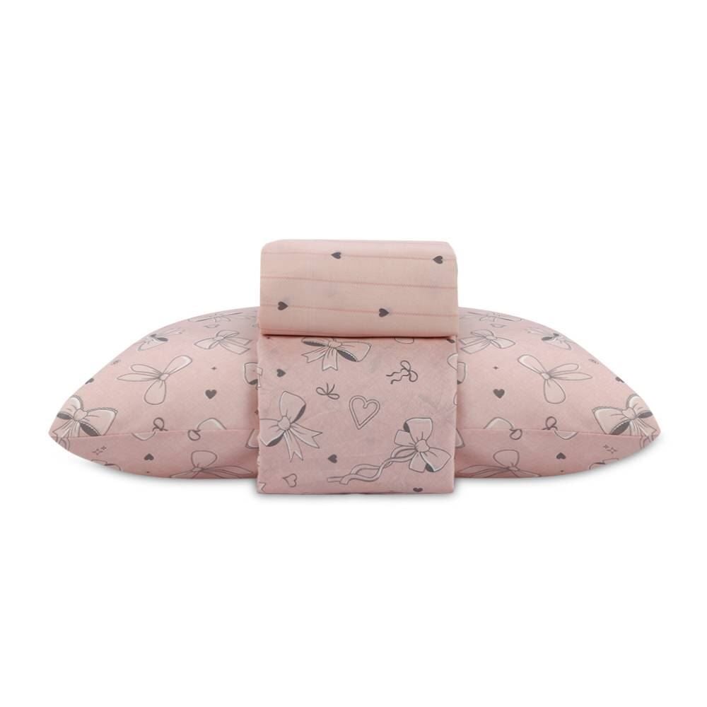  Jogo de Cama Solteiro 150 Fios Havan Kids 3 pçs - Laço Rosa e Cinza