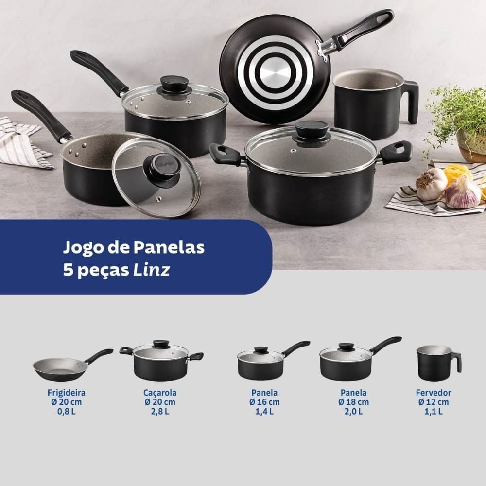 Jogo de Panelas Linz Tramontina 5 Peças - Preto