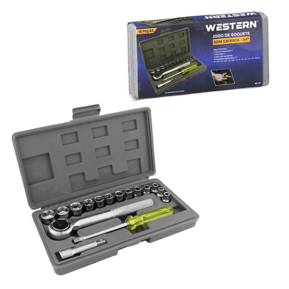 Jogo de Soquete com Catraca 1/4" 16 Peças Western