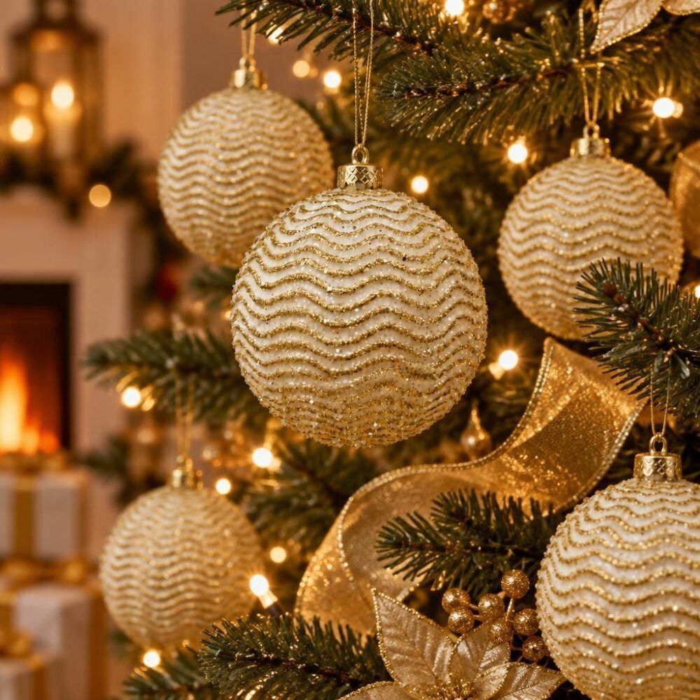 Kit Bolas de Natal 8Cm Glitter em Ondas Rio Master 4 Unidades - Dourado
