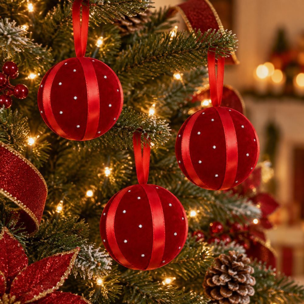 Kit Bolas de Natal Veludo com Strass Vermelho 03Unidades 08Cm Havan Casa