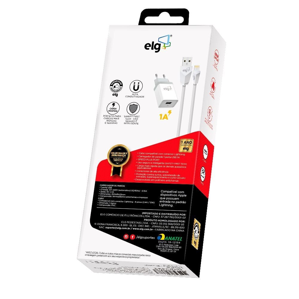 Kit Carregador Parede Universal Lightning 1M Elg Recarga Sincronização