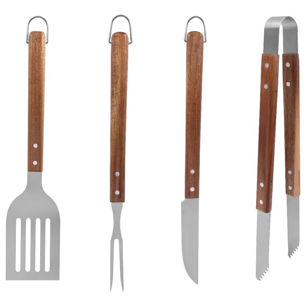 Kit Churrasco 4 Peças Havan Casa Cabo Madeira Acácia - Inox