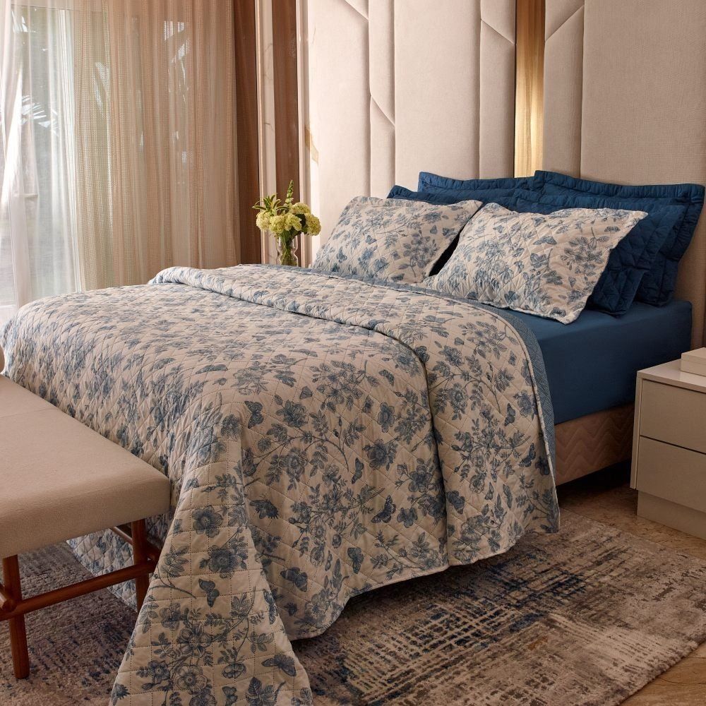 Kit Colcha Casal Versalhes/Napoli Estampada Havan Casa 3 Peças - Floral Azul