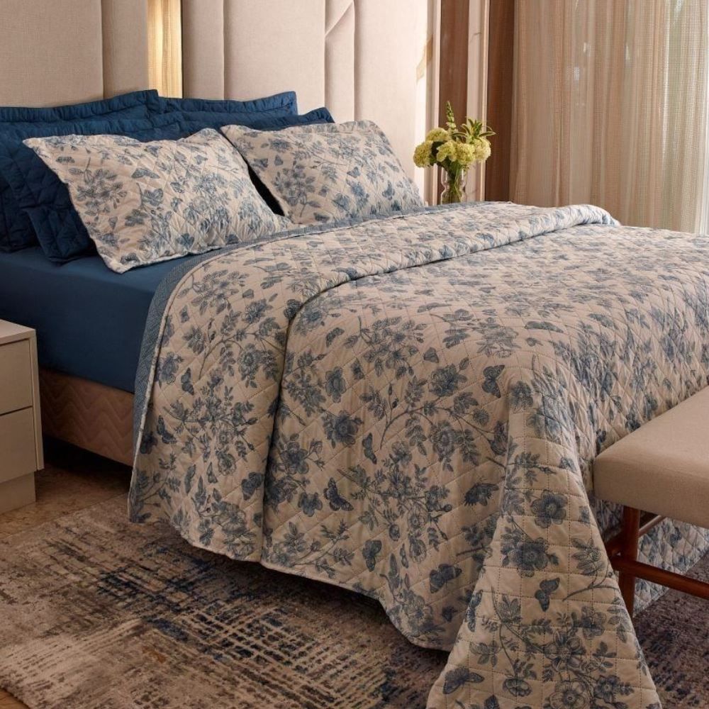 Kit Colcha Queen Versalhes/Napoli Havan Casa 3 Peças - Floral Azul
