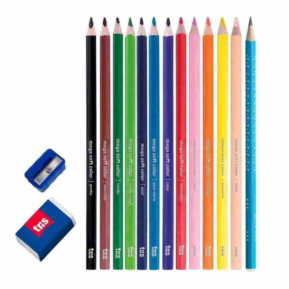 Kit Tris Com Lápis De Cor + Lápis De Escrever + Apontador + Borracha - 15 Peças