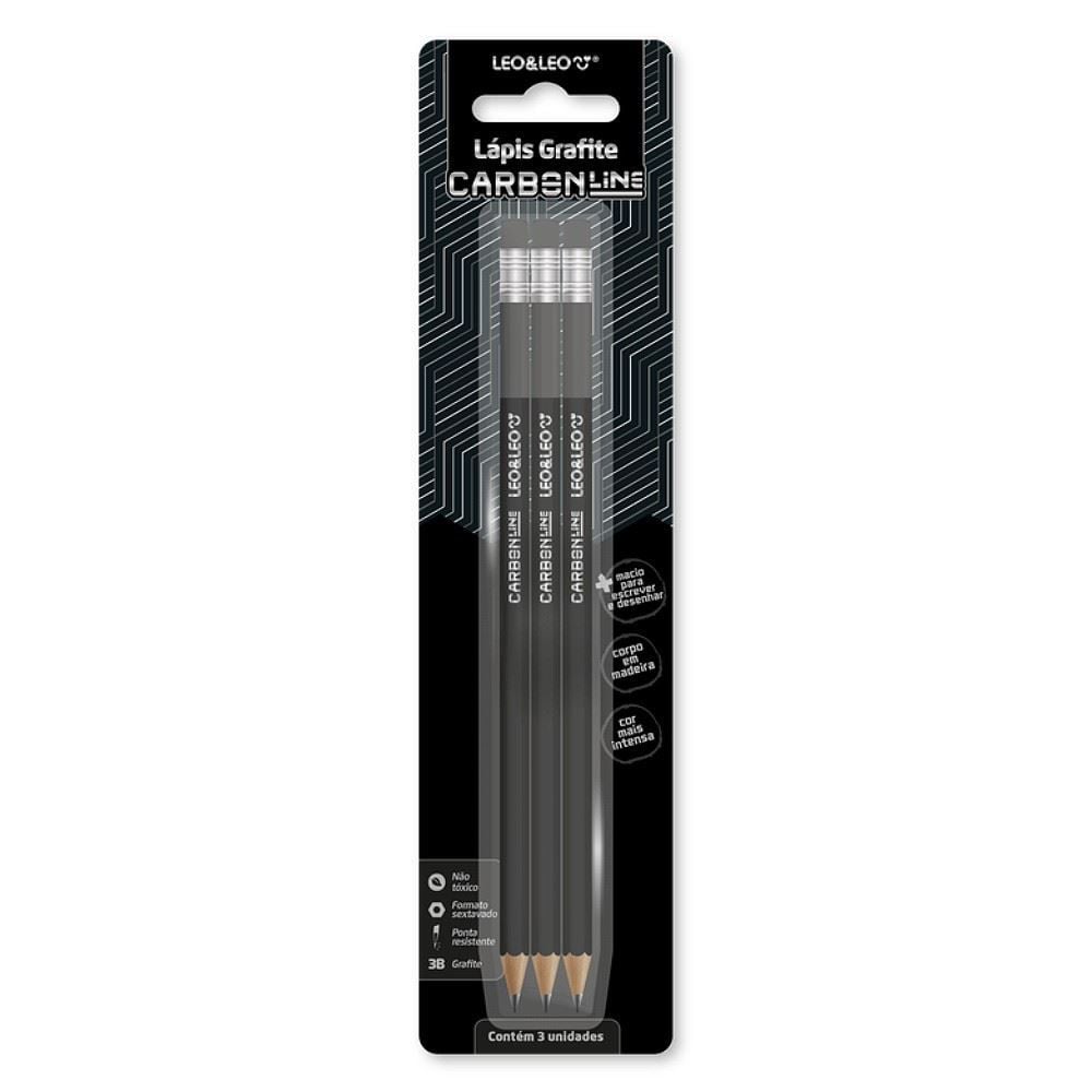 Lápis Grafite 3B Carbon Line com Borracha Leo&Leo - 3 Unidades