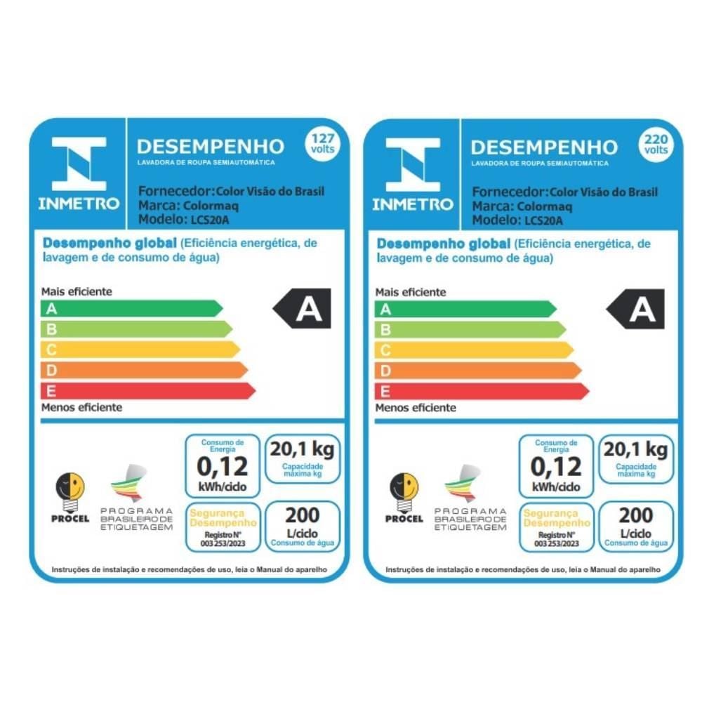 Lavadora de Roupa Tanquinho Colormaq 20Kg Semiautomática LCS20