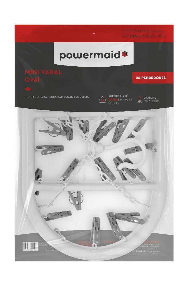 Mini Varal Oval Powermaid 24 Prendedores Tam. Unico Branco C/ Cinza