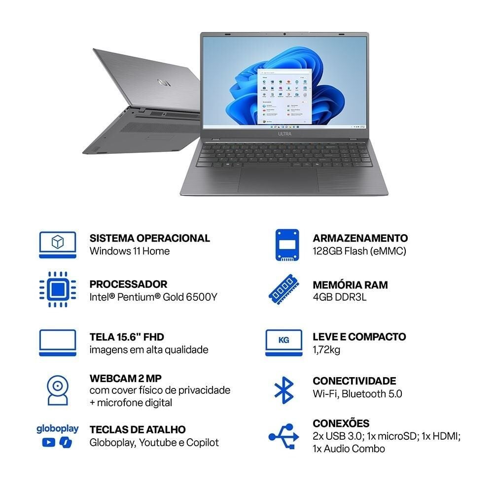 Notebook Ultra 15,6" Full Hd Pentium Gold 4Gb 128Gb Windows 11 Ub365