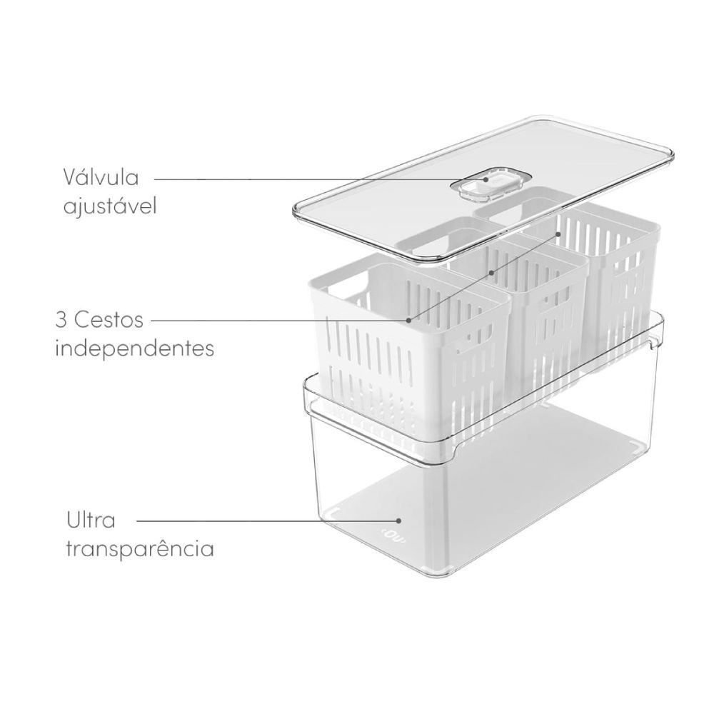 Organizador para Geladeira com 3 Cestos Clear Fresh Ou 5 Litros - Transparente e Branco