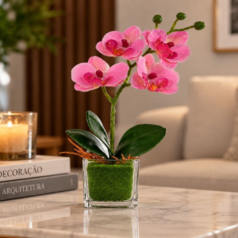 Orquídea Artificial Phalaenopsis Real Toque com Vaso Florarte 23Cm