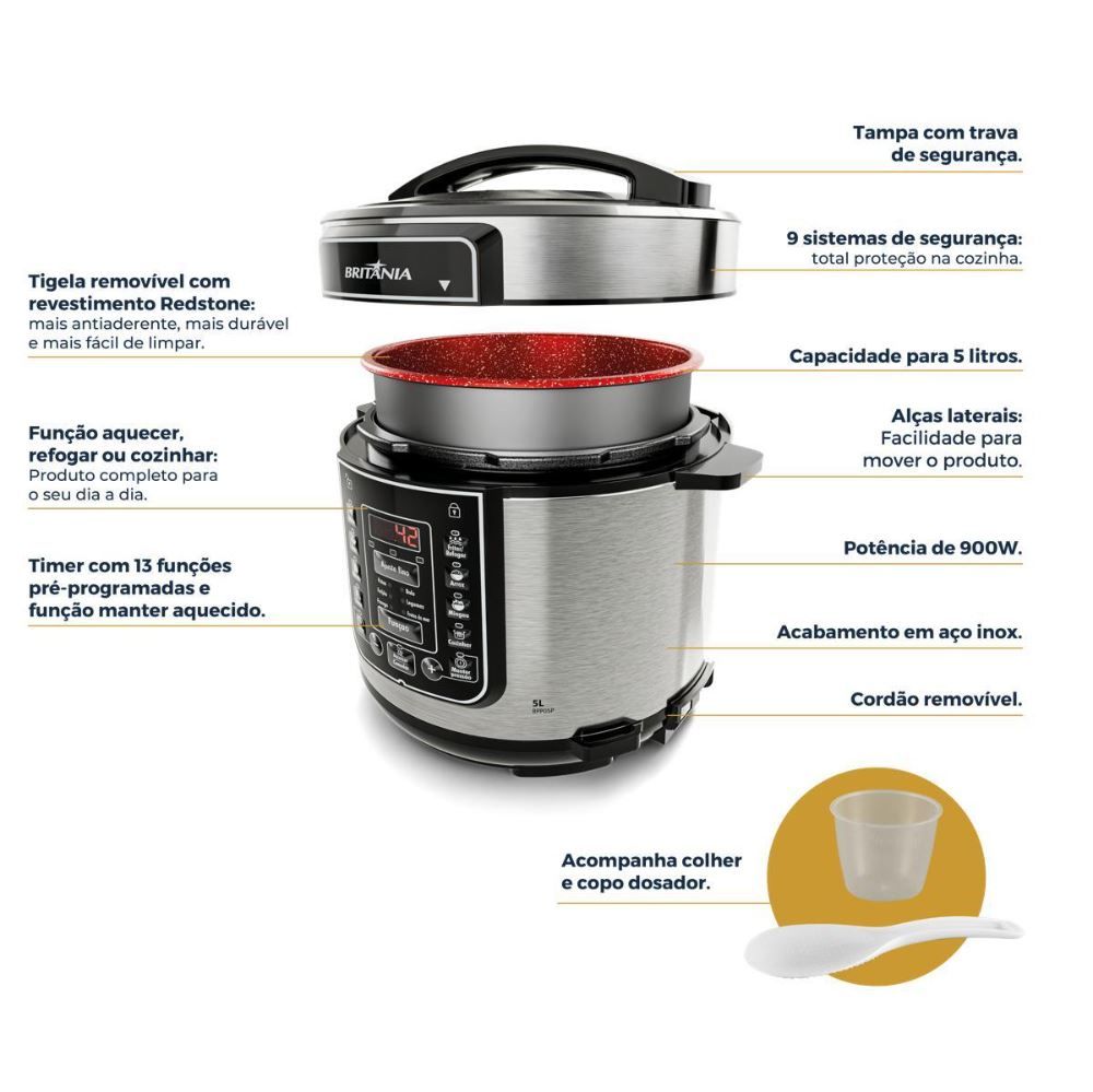 Panela de Pressão Britânia 5L 13 Receitas 900W BPP05P