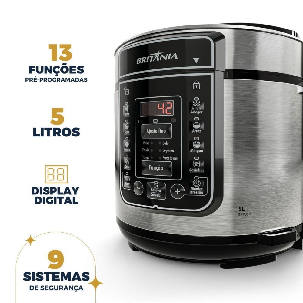 Panela de Pressão Britânia 5L 13 Receitas 900W BPP05P
