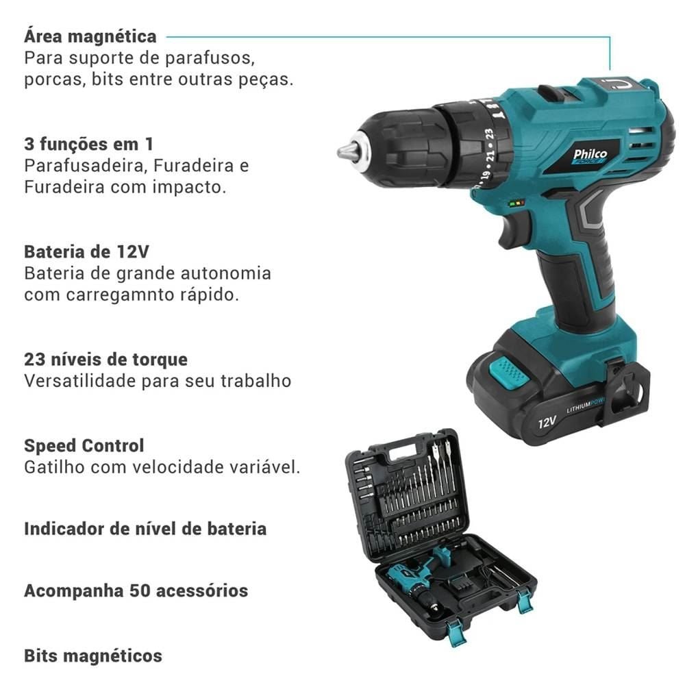 Parafusadeira E Furadeira Com Impacto Philco Bateria 12V Ppf120mf - Bivolt