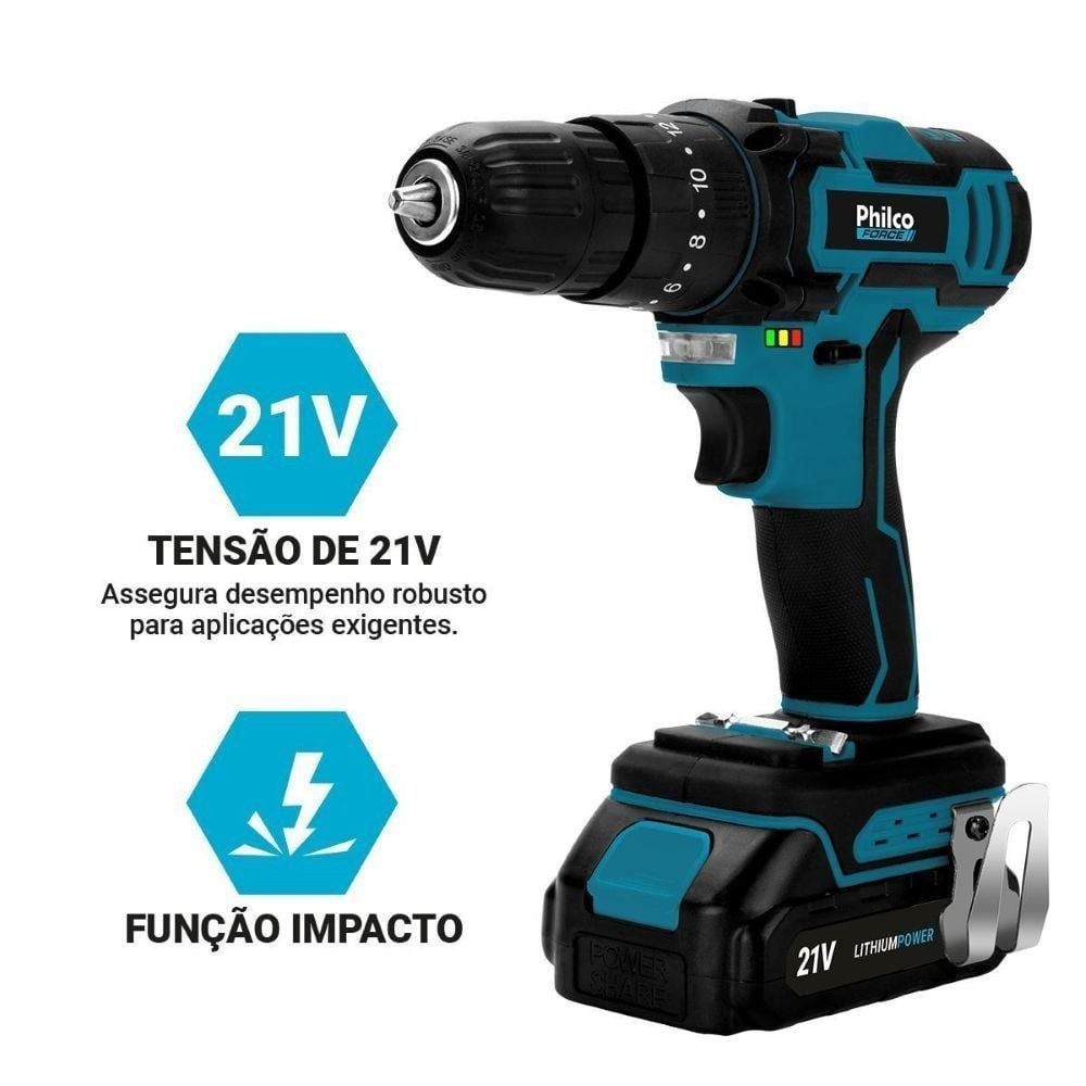 Parafusadeira e Furadeira Philco Force Ppf21mb com Controle de Velocidade - Bivolt