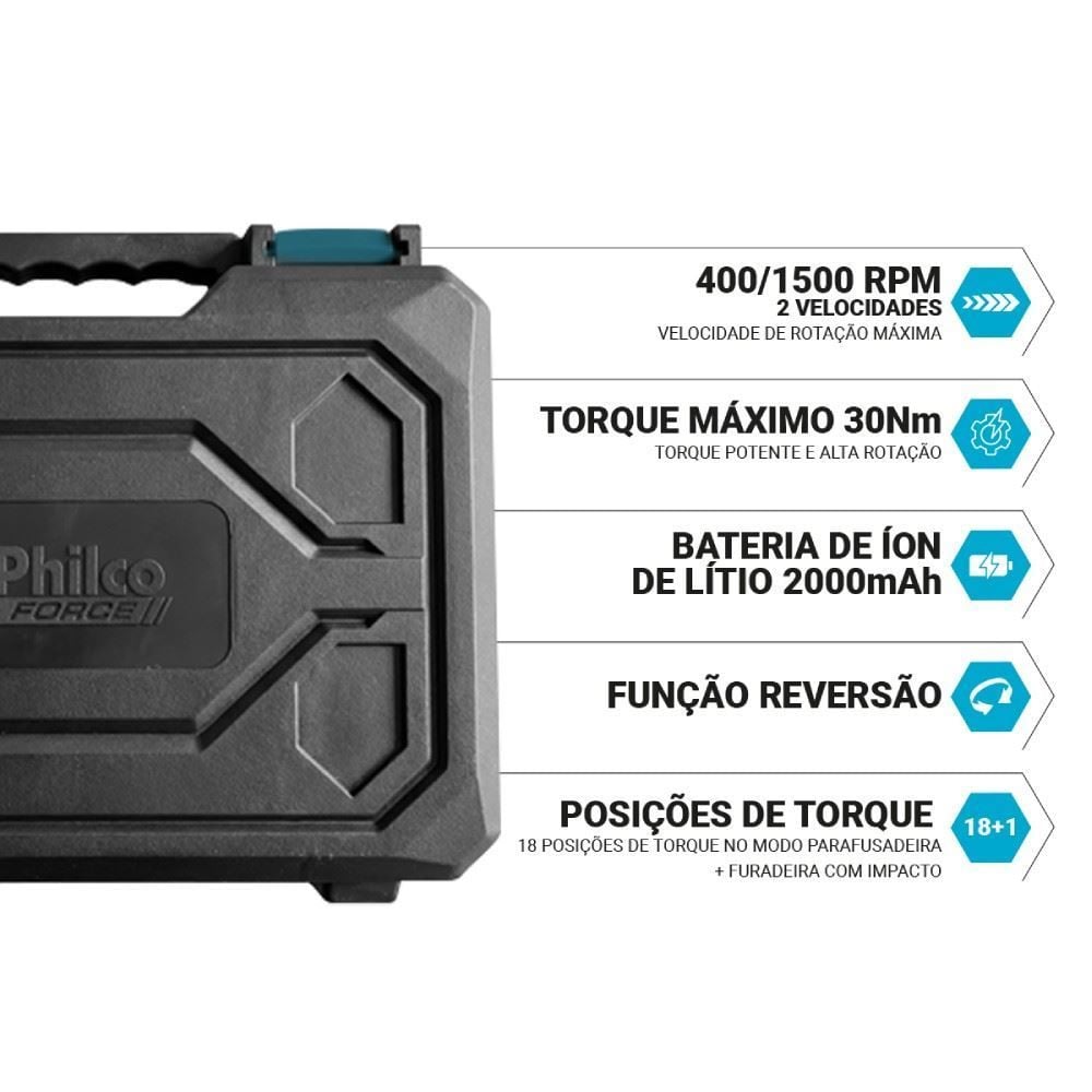 Parafusadeira e Furadeira Philco Force Ppf21mb com Controle de Velocidade - Bivolt