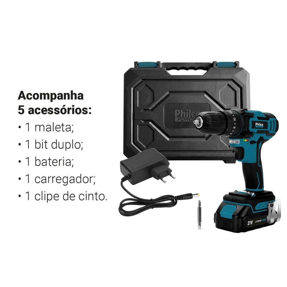 Parafusadeira e Furadeira Philco Force Ppf21mb com Controle de Velocidade - Bivolt