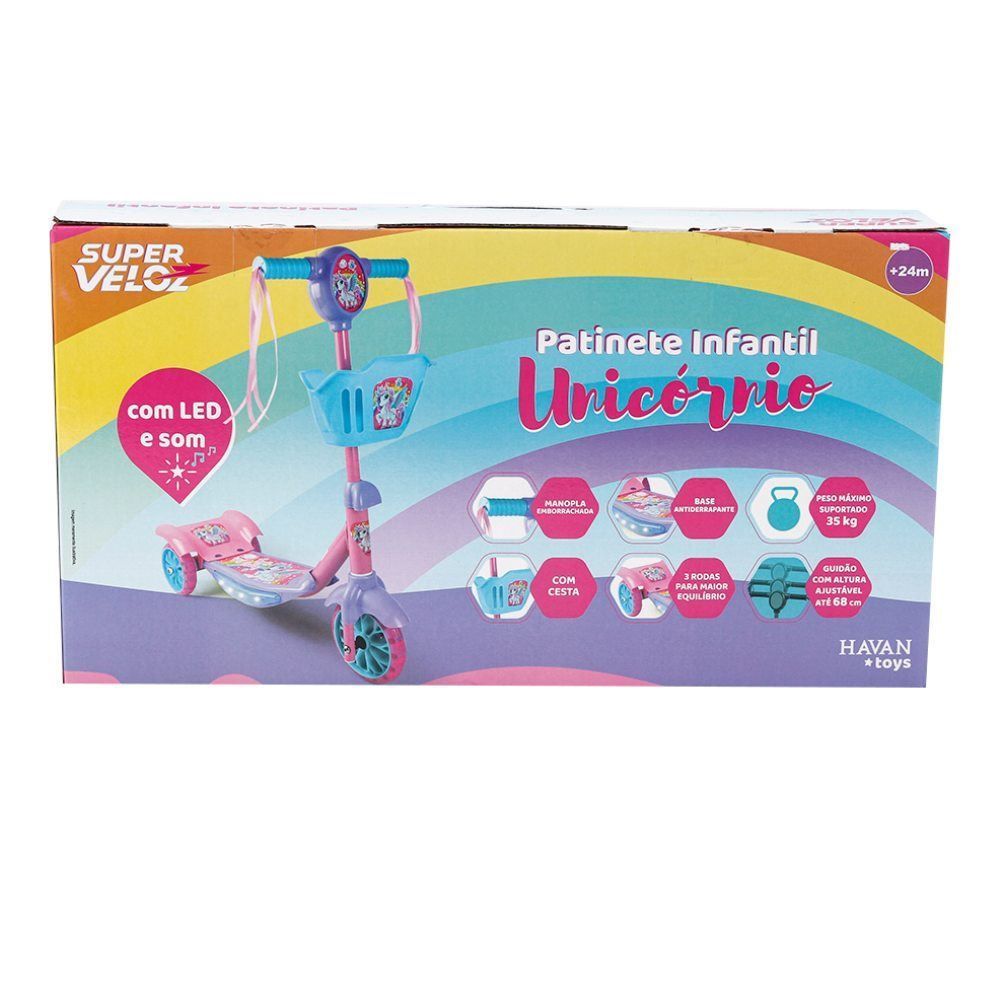 Patinete Unicórnio 3 Rodas Com Cesta Som E Led Havan Toys - Rosa