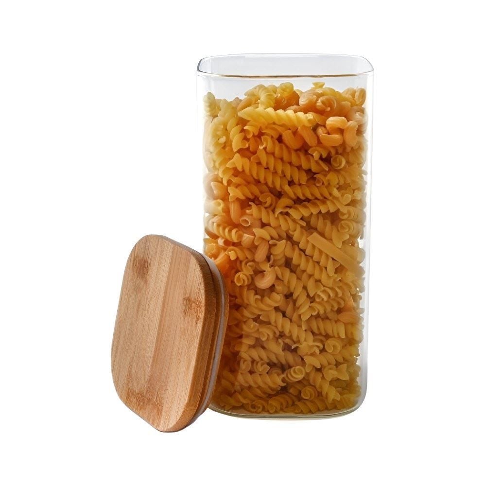 Pote de Vidro Quadrado com Tampa de Bambu Havan Casa 1,5L - Transparente e Bege Natural