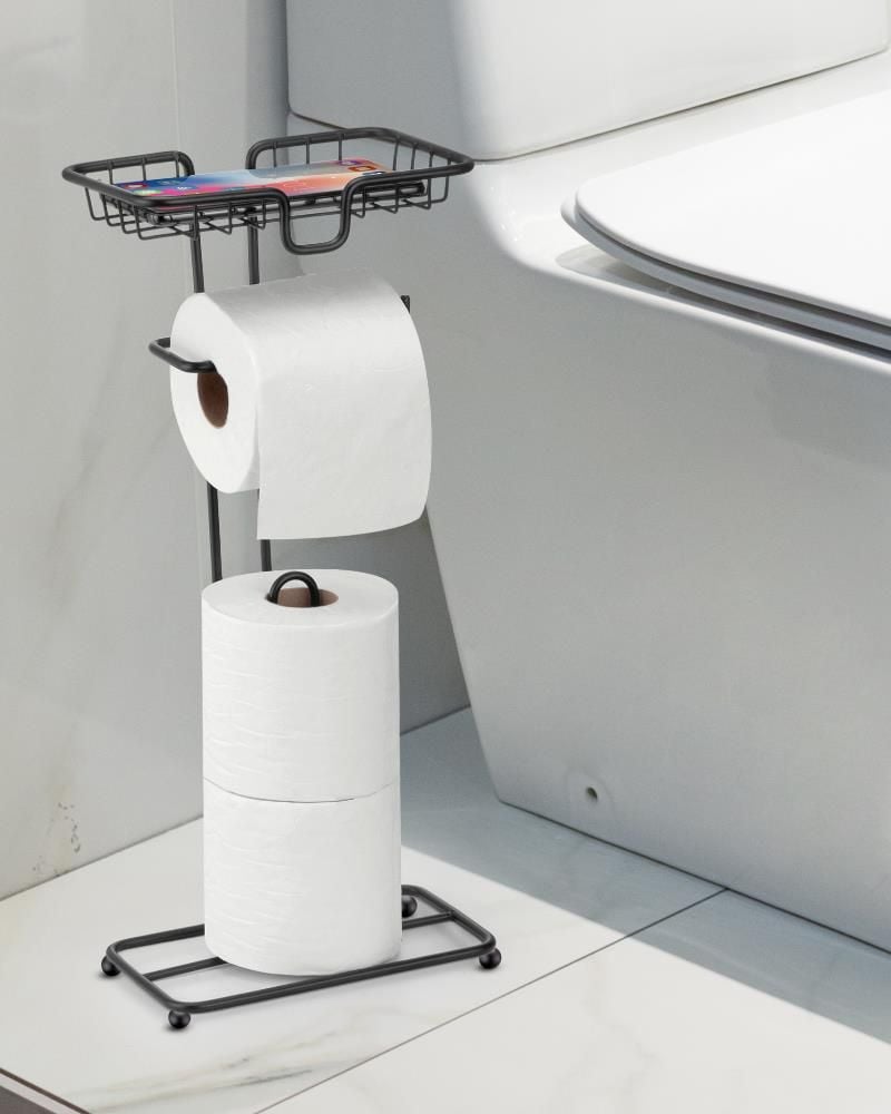 Porta Papel Higiênico De Chão Com Suporte Para Celular Black Arthi