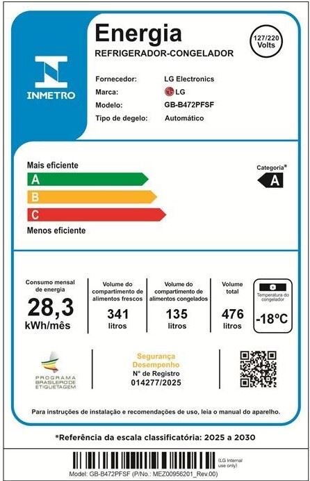 Geladeira Lg Inverter 476L Duplex Door Cooling Bivolt Inox Gb-B472pfsf