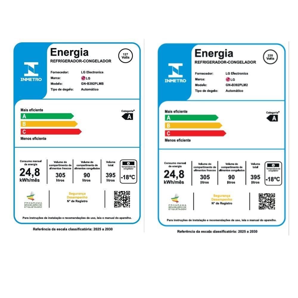 Refrigerador Geladeira LG Frost Free Inverter Duplex 395 Litros GN B392PLMB