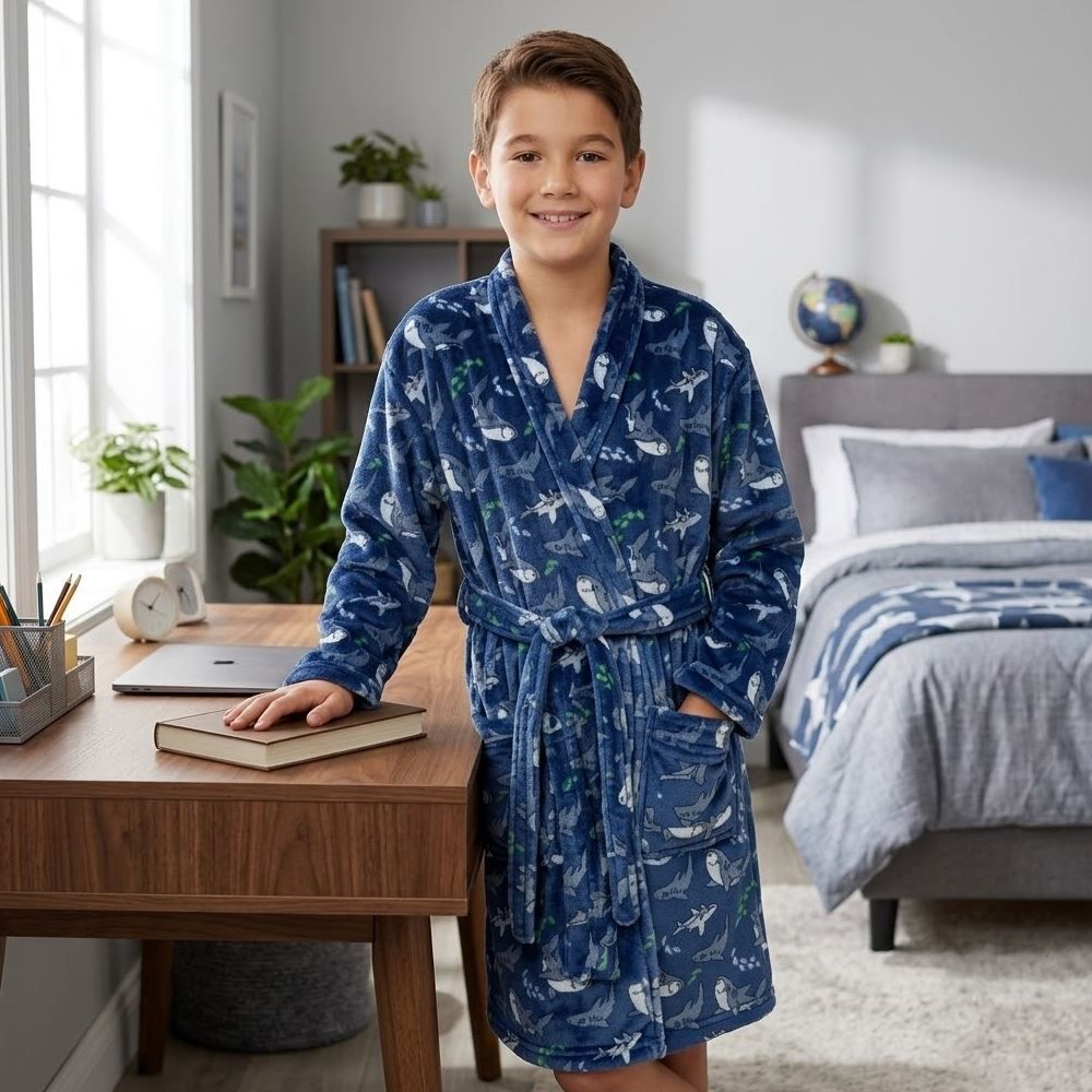 Roupão Infantil m Microfibra Lumini Havan Kids - Tubarão Azul