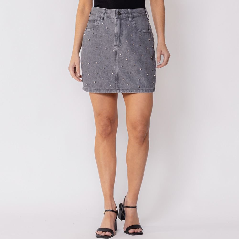 Saia Feminina Jeans Com Perola Boby Blues