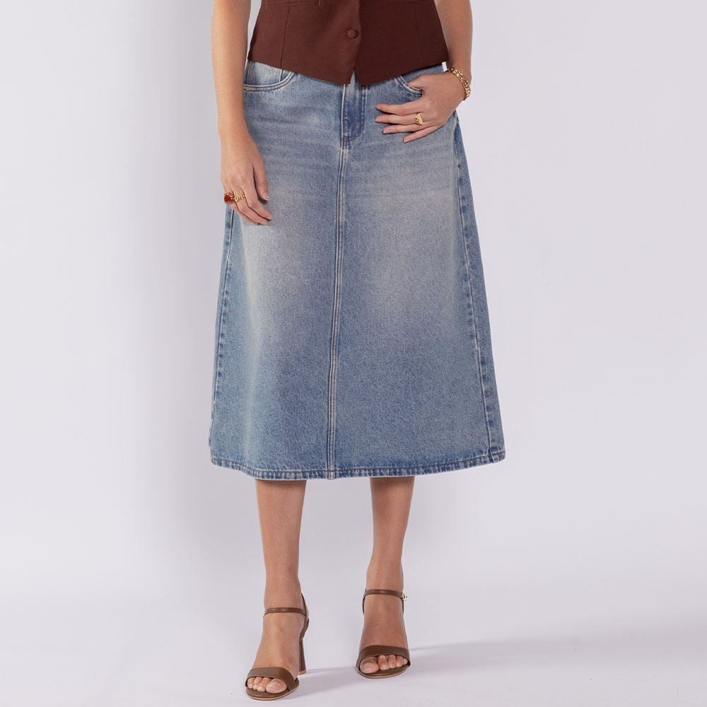 Saia Jeans Feminina Midi Evasê Boby Blues